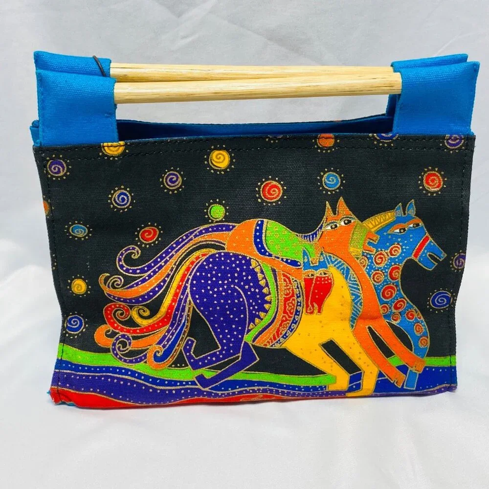 Laurel Burch Small Canvas Art Tote Bag With Blue Wooden Handles Horse Print